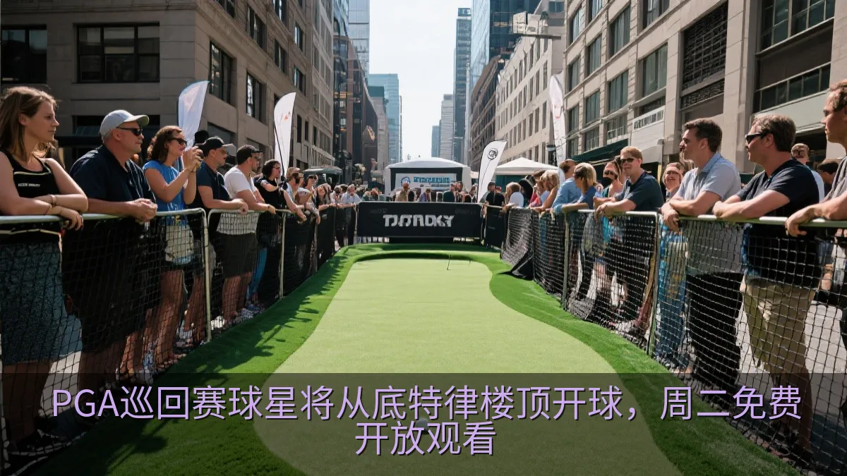 城市街道旁搭建的高尔夫临时果岭与观赛区域